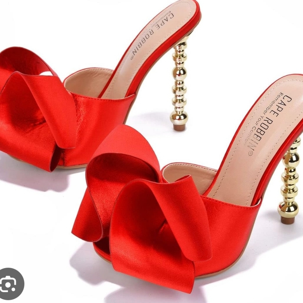 Cape Robbin Red Satin Ribbon Open-Toe Heels with Gold Beaded Stiletto